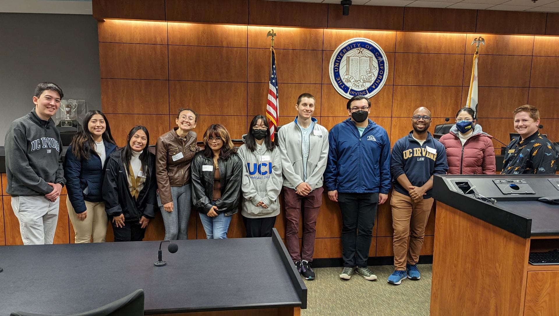 group photo in UCI Law courtroom